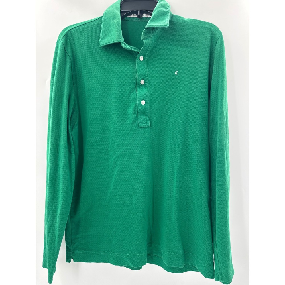 Criquet Mens Long Sleeve Polo Shirt Green Pique Knit Logo Size M